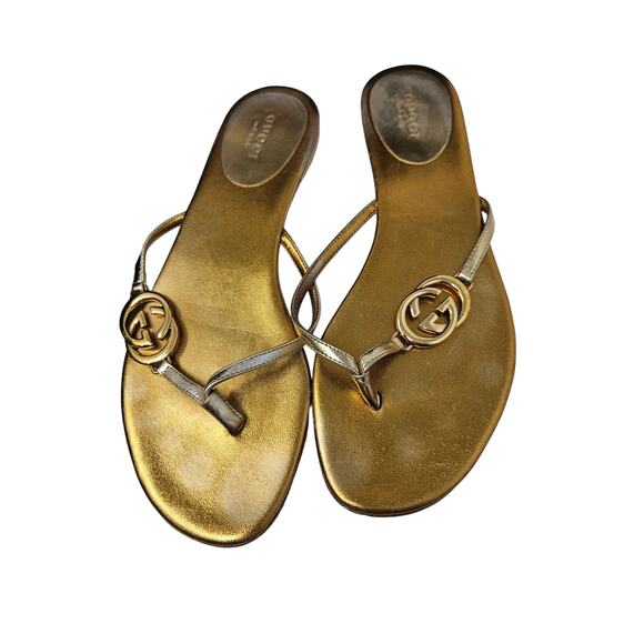 Gucci 36 Miroir Gold Metallic Leather Flip Flop Sandal Thong Logo Dustbag Box - Picture 11 of 12